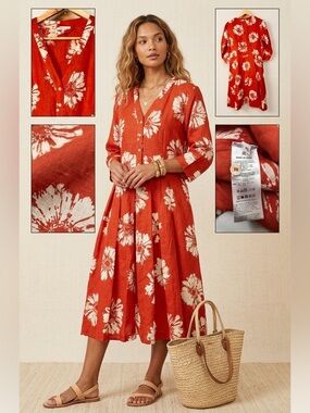 ROSSO35 Orange/White Floral Linen Shirt Dress 3/4 Sleeves Midi Pockets M/L